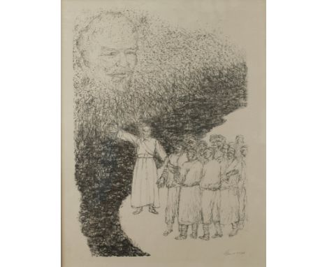 Prof. Fritz Cremer, LeninPortrait des Revolutionsführers Wladimir Iljitsch Lenin über einer Menschengruppe, Lithographie, rec