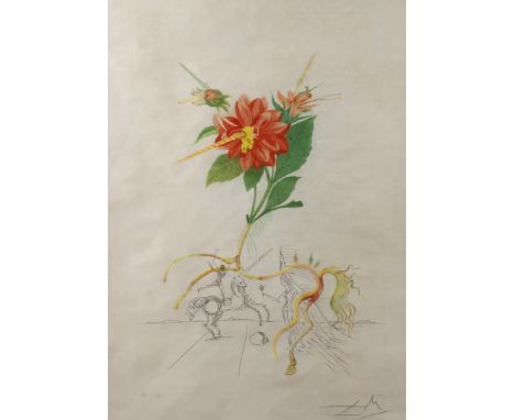 Salvador Dali, attr., "Dahlia Unicornis" weite Landschaft mit der fantasievollen Darstellung eines springenden Pferdes, aus d