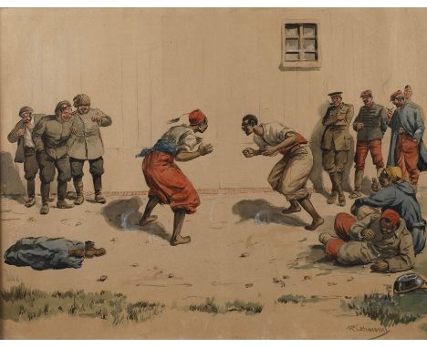 R. Lehmann, Boxkampf im Gefangenenlagerzwei aufeinander losgehende Kontrahenten und belustigt den Kampf beobachtende Wachen i