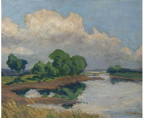 Flusslandschaftsommerlicher Blick auf das mit Baumgruppen bestandene Ufer eines Flusses, unter locker bewölktem Himmel, teils