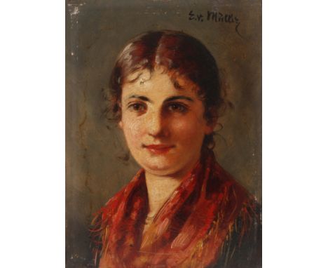 Emma von Müller, Portrait einer jungen FrauBildnis einer freundlich zum Betrachter blickenden jungen Frau mit Halstuch, minim