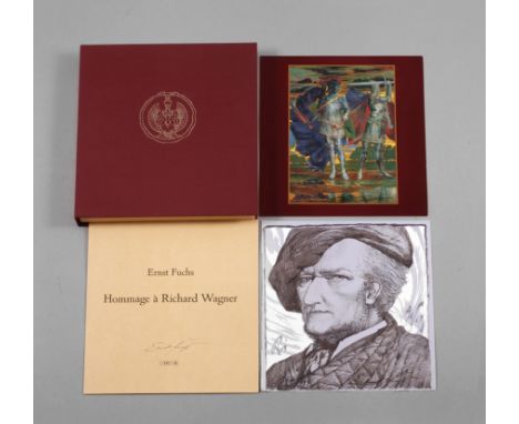 Prof. Ernst Fuchs, "Hommage á Richard Wagner"goldgeprägte Leinenkassette aus der Zeit um 1980, mit eingelegten handsignierten