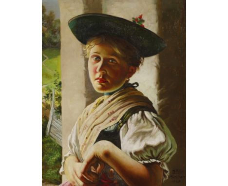 Karel Filip, Dachauerinüber die Schulter zum Betrachter blickende junge Frau in Tracht, leicht pastose Portraitmalerei, Öl au