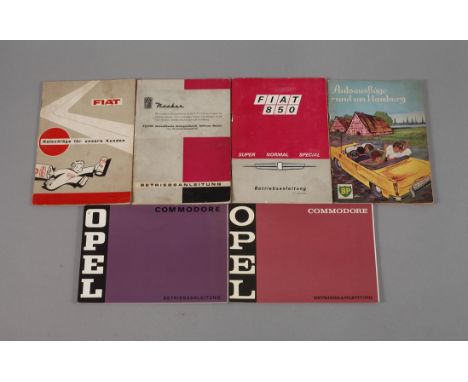 Sechs Automobilbroschürenbestehend aus den Betriebsanleitungen für die Modelle Fiat 850 (1969), Fiat 1100 (1960), zweimal Ope