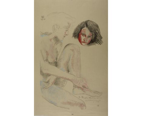 Prof. Max Klinger, Figurenstudieauf dem Boden sitzende nackte junge Frau, mit einem angewinkelten Bein und Portraitstudie, Li