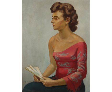 Richard Becker, DamenportraitHalbfigurenbildnis einer sitzenden, eleganten jungen Frau, mit schulterfreiem Top und Fächer im 