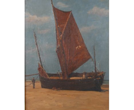 Hermann Petzet, Angelandeter Seglerauf dem Strand liegendes Segelboot mit rotem Segel, vor tiefblauem Himmel, pastose Malerei