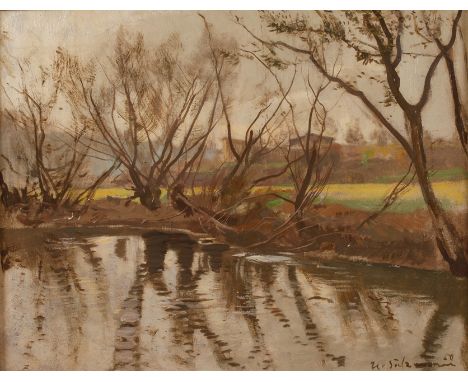 Hans Salzmann, Ilmufer bei WeimarVorfrühling an der Ilm, Blick auf eine Biegung mit Sträuchern und Bäumen, im Hintergrund beg