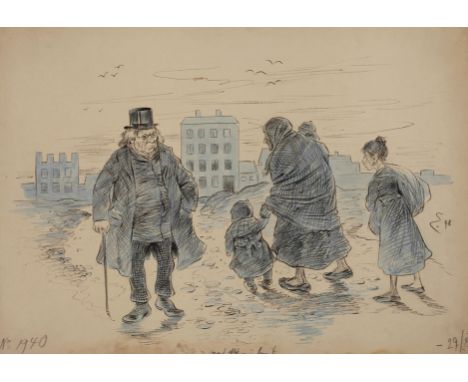 Josef Benedikt Engl, "Gewissensbisse"älterer Herr mit Zylinder, grimmig zu einer Arbeiterfamilie blickend, aquarellierte Tusc