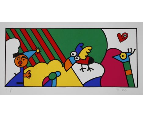 Otmar Alt, Im Dialogfarbenfrohe, für den Künstler typische Komposition, Farbserigraphie, um 2000, unter der Darstellung in Bl