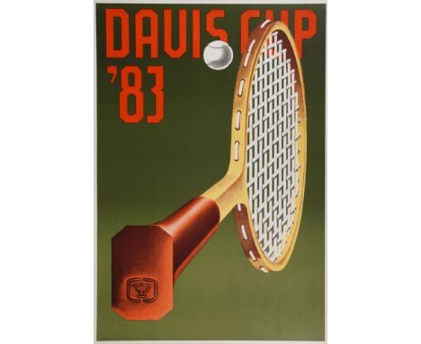 Prof. Konrad Klapheck, "Davis Cup ´83"für den Künstler typisch gestaltetes Plakat mit Tennisschläger, Farblithographie, 1983,