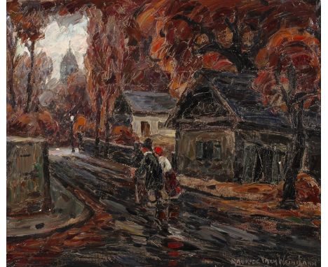 Prof. Maurice Vagh Weinmann, Auf dem Heimwegherbstliche Dorfansicht, mit Paar auf regennasser Straße, auf dem Nachhauseweg, p