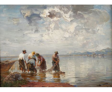 Prof. Joseph Wopfner, ChiemseefischerFischer am Ufer des sommerlich-sonnigen Chiemsees, beim Leeren der Netze, vor der Kuliss