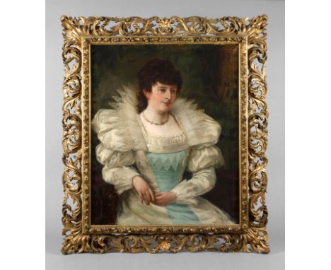 Ludwig Rach, Herrschaftliches DamenportraitHalbfigurenbildnis einer sitzenden, vornehmen jungen Frau im weißen, partiell blau
