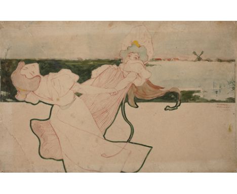 Raphael Kirchner, Tanzende Frauenzwei sich an den Händen haltende tanzende Frauen vor flacher Landschaft mit Windmühle, Tusch