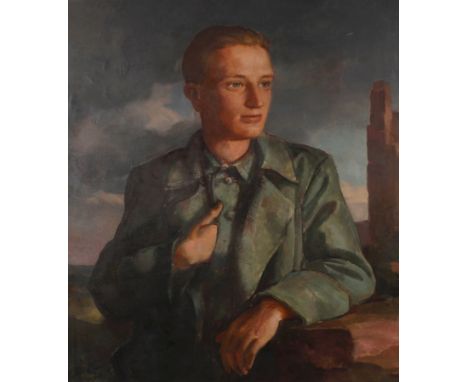 H. Hopp, Portrait vor RuinenHalbfigurenbildnis eines jungen Mannes im grünen Mantel, unter freiem Himmel, vor Ruinen des 2. W