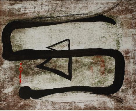 Klaus Sobolewski, Abstrakte Kompositiongewundene Linie und Dreiecke auf grünlich-bräunlichem Grund, Öl auf Kunststoff, rückse