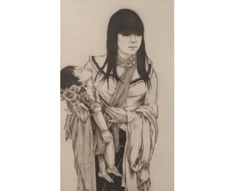 Christian Schad, "Peruanerin"junge Frau mit langem schwarzen Haar und schlafendem Kind in ihren Armen, Radierung mit sehr dez