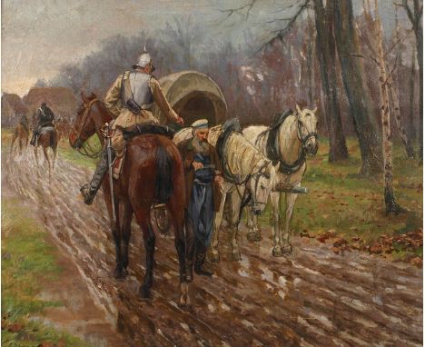 Prof. Emil Hünten, Stärkung im MannöverKavallerie in regennasser Herbstlandschaft, mit altem Marketender am Planwagen, einem 