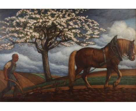 Carl Baum, pflügender Bauerfrühlingshafter Blick, über Felder in weiter bewegter Landschaft, mit Bauern und Pferd vor blühend