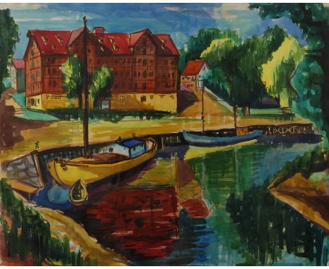 Prof. Peter Kalkhof, attr., Haus am Kanalkraftvoll leuchtende, expressive Sommerlandschaft, mit ankernden Booten am Kanal, vo
