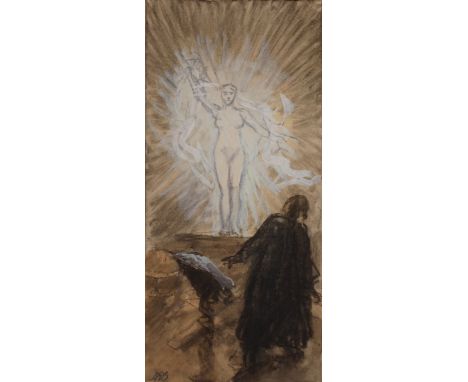 Alexander Demetrius Goltz, "Wahrheit"dunkel gekleideter Herr am Pult, auf eine von Lichtstrahlen umgebene nackte Frauengestal