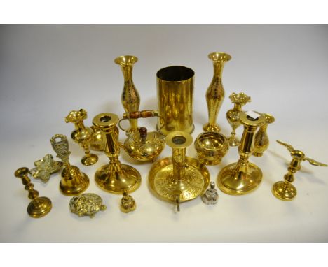Metal Ware - a Trench Art shell case, engraved with Souvenir France, 1914 - 1918;   a pair brass candlesticks, others;  etc 