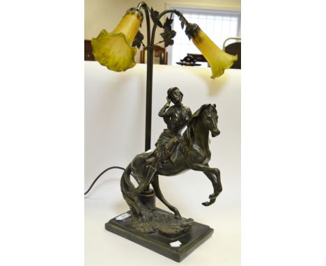 An Art Nouveau style,figural table lamp, Lady on Horseback, green glass shades (1)