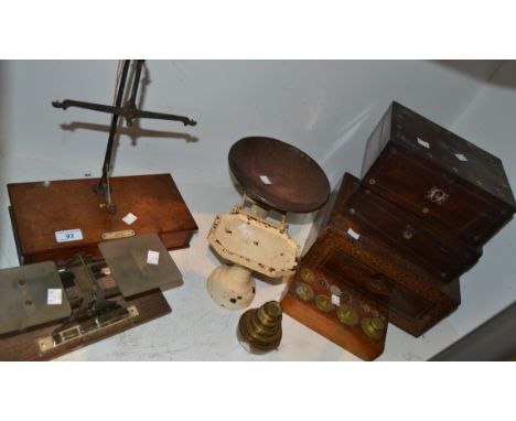 Boxes and Objects -  a Tunbridge ware inlaid work box; others; a set of cast iron kitchen scales;  postal scales; a set of br