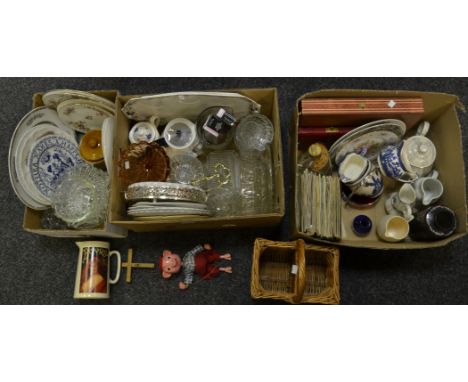 Household Goods - a Pelham puppet pig; a bottle basket; large framed print; ceramics; flatware; etc (3 boxes)