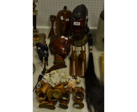 Tribal Art - African hardwood napkin rings each mounted with wildlife; ebony Elephants; etc 