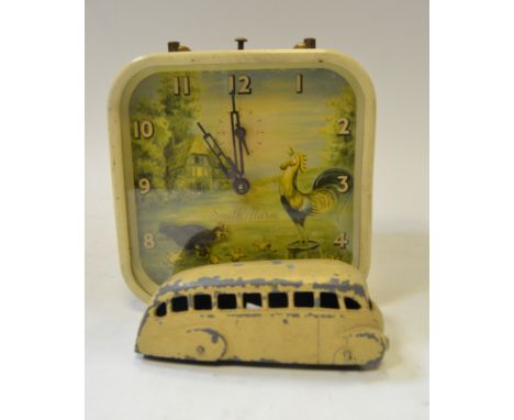 A Smith's Automaton Novelty Alarm clock, with cockerel and chickens and chicks, subsidiary seconds dial, 10cm high;  a tin pl