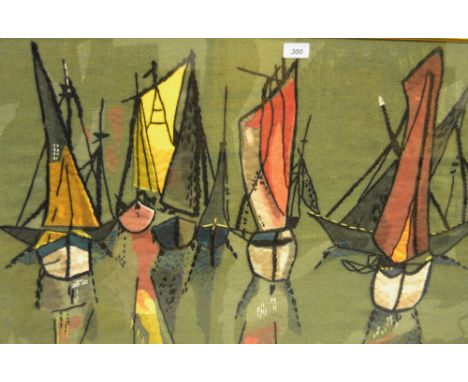 Contemporary Art - a felt and cross hatched woolwork design depicting stylised boats, believed to be from the Manchester Scho