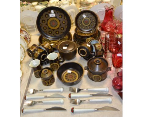Denby Arabesque - six teacups and saucers, dinner plates, side plates, milk jug, two-handled bowl and cover, etc; a set of De