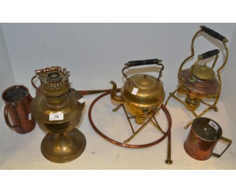 Metalware - a miniature copper kettle; brass teapot on stand; copper grain measure, copper hunting horn; etc (7)