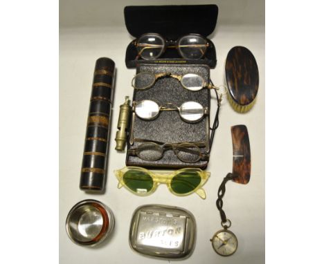 Marston Burton Ales chrome snuff box;  a pocket compass;  The Metropolitan Patent whistle; cased lorgnettes; Bible;  etc 