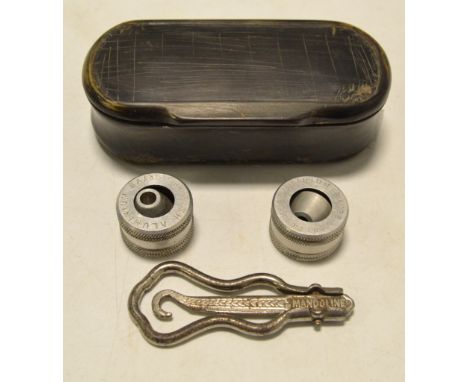 A late 19th century horn snuff box, c.1820;  a button hook;  etc 