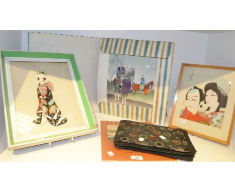 Japanese interest - a portfolio of woodblock prints from the Kabuki theatre; a framed woodblock print of two of the actors of