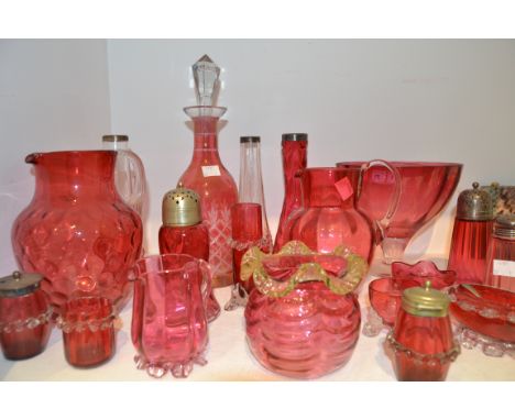 Cranberry Glass - a cranberry glass ewer, decanter, salts, sugar sifter, silver rim; silver rimmed vases;  etc qty 
