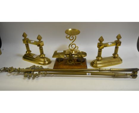 Metalware - a set of postal scales, andirons; fire and poker tongs;  etc 