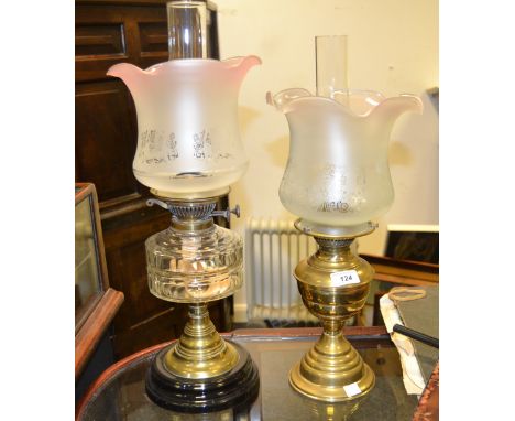 A Victorian brass oil lamp, clear glass reservoir, frosted white shade, c.1890;  another (2)