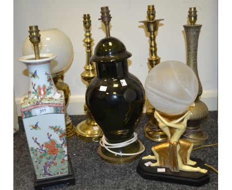 Lighting - an Art Deco style, table lamp; a brass table lamp, another; a Persian brass table lamp; etc 