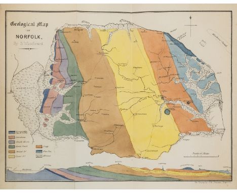 Geology &amp; Palaeontology.- Woodward (Samuel) An Outline of the Geology of Norfolk, folding hand-coloured lithographed map 