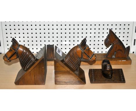 A pair of wooden horse bookends, Art Deco wooden dog photo frame and wooden shoe.