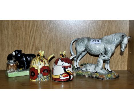 Two Old Tuptonware honey pots, a Carltonware style bear figure and a horse figure.