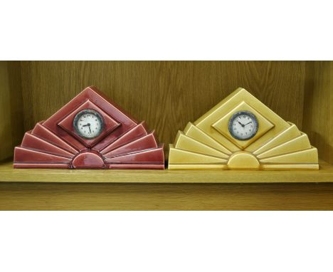 Two Art Deco ceramic mantle clocks, H. 17cm.