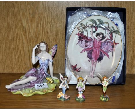 Three miniature Royal Doulton figures of fairies with an Old Tupton figure and a Royal Worcester plate.
