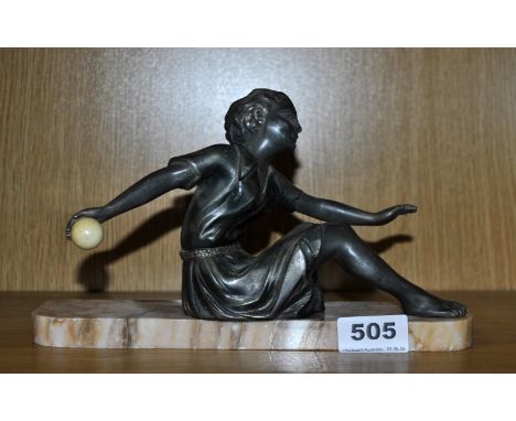 An original Art Deco soft metal figure on a pink marble base, L. 25cm, H. 14cm.