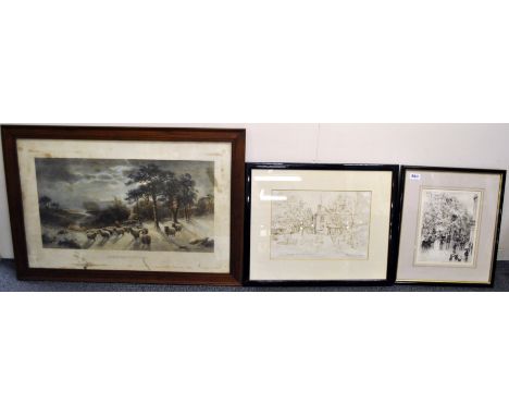 A framed Victorian pastoral print, an ink sketch of Farthings, Orsett and a framed engraving.