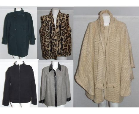 Ladies Dark Green Wool Mix Coat, size 40, Branigan Weavers Cream Wool Cape, Daxon Black Herringbone Tweed Jacket with leather